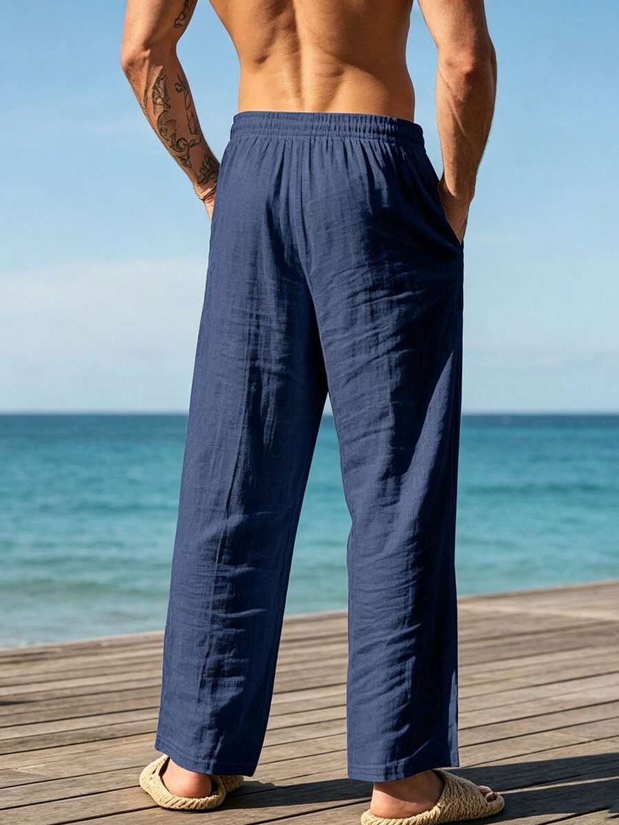 Pantalones casuales sueltos de lino negro tejido, adecuados para primavera/otoño/verano