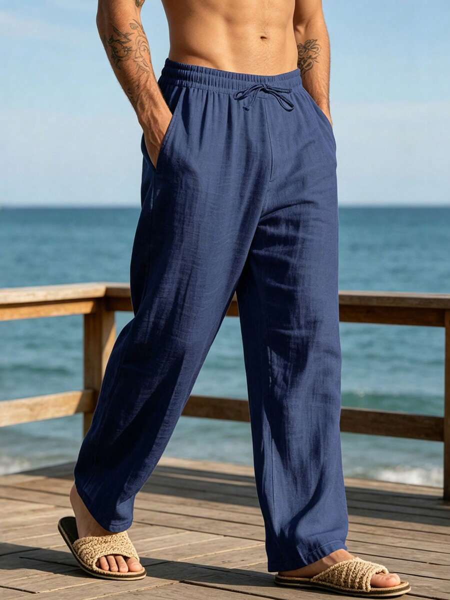 Pantalones casuales sueltos de lino negro tejido, adecuados para primavera/otoño/verano