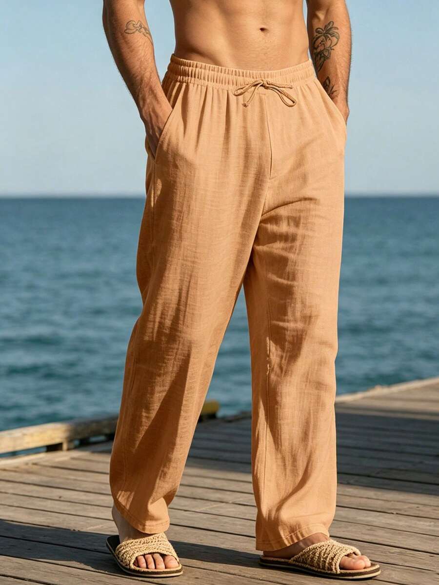 Pantalones casuales sueltos de lino negro tejido, adecuados para primavera/otoño/verano