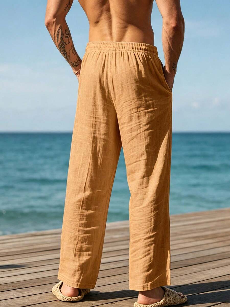Pantalones casuales sueltos de lino negro tejido, adecuados para primavera/otoño/verano
