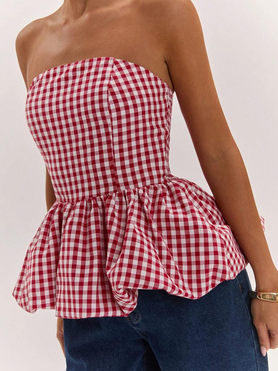 Top tubo casual y versátil con pliegues y estampado de cuadros para mujer