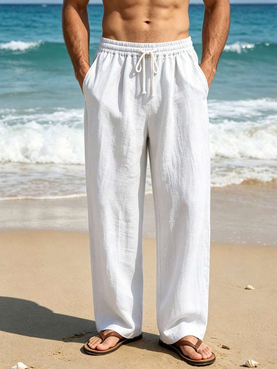 Pantalones casuales sueltos de lino negro tejido, adecuados para primavera/otoño/verano