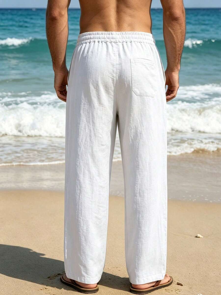Pantalones casuales sueltos de lino negro tejido, adecuados para primavera/otoño/verano