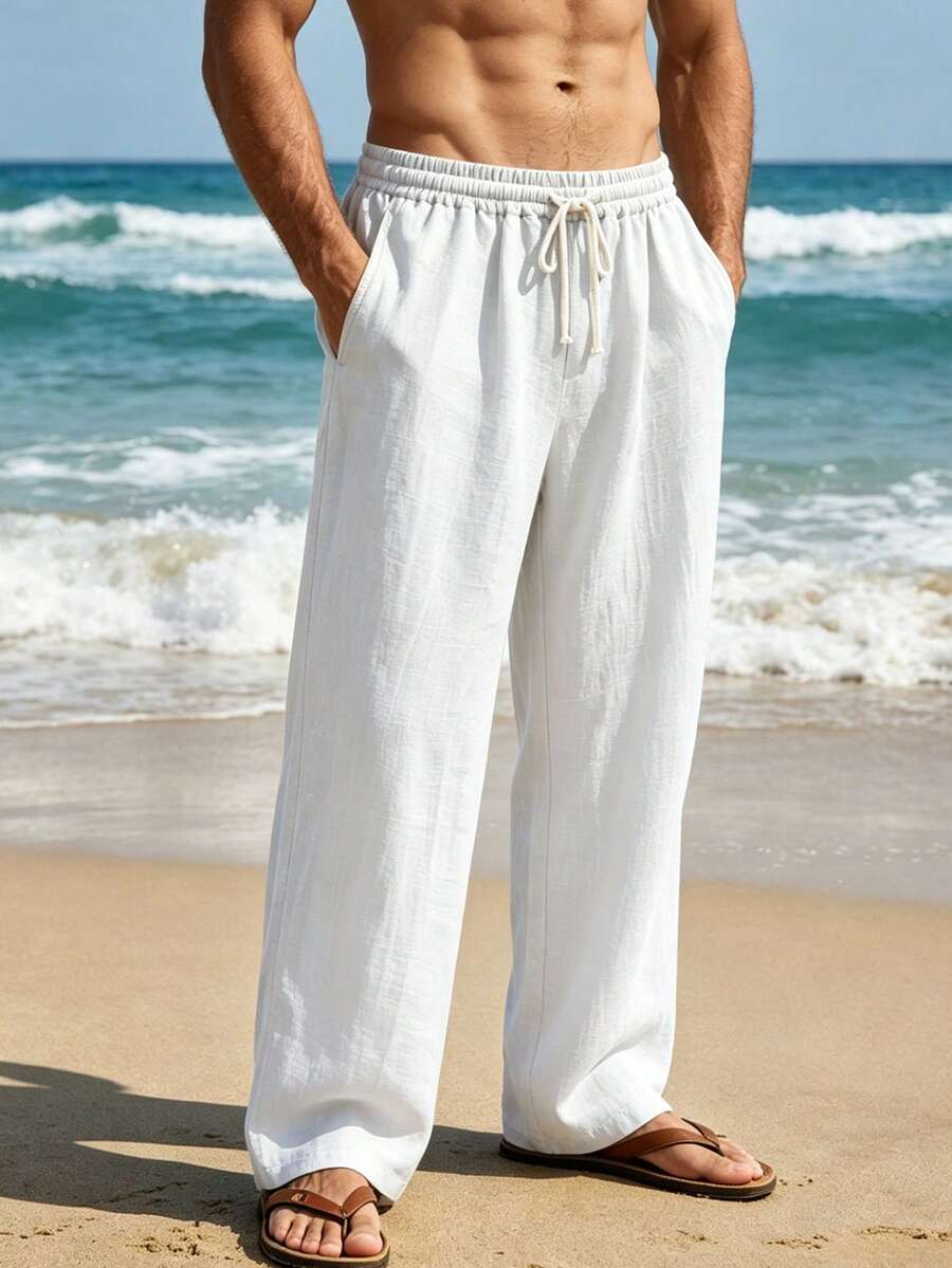 Pantalones casuales sueltos de lino negro tejido, adecuados para primavera/otoño/verano