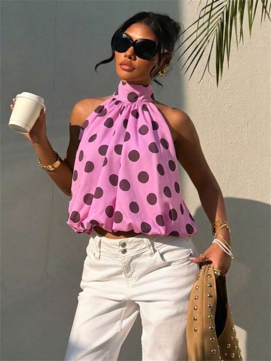 Blusa de verano casual de mujer con estampado de lunares y escote halter