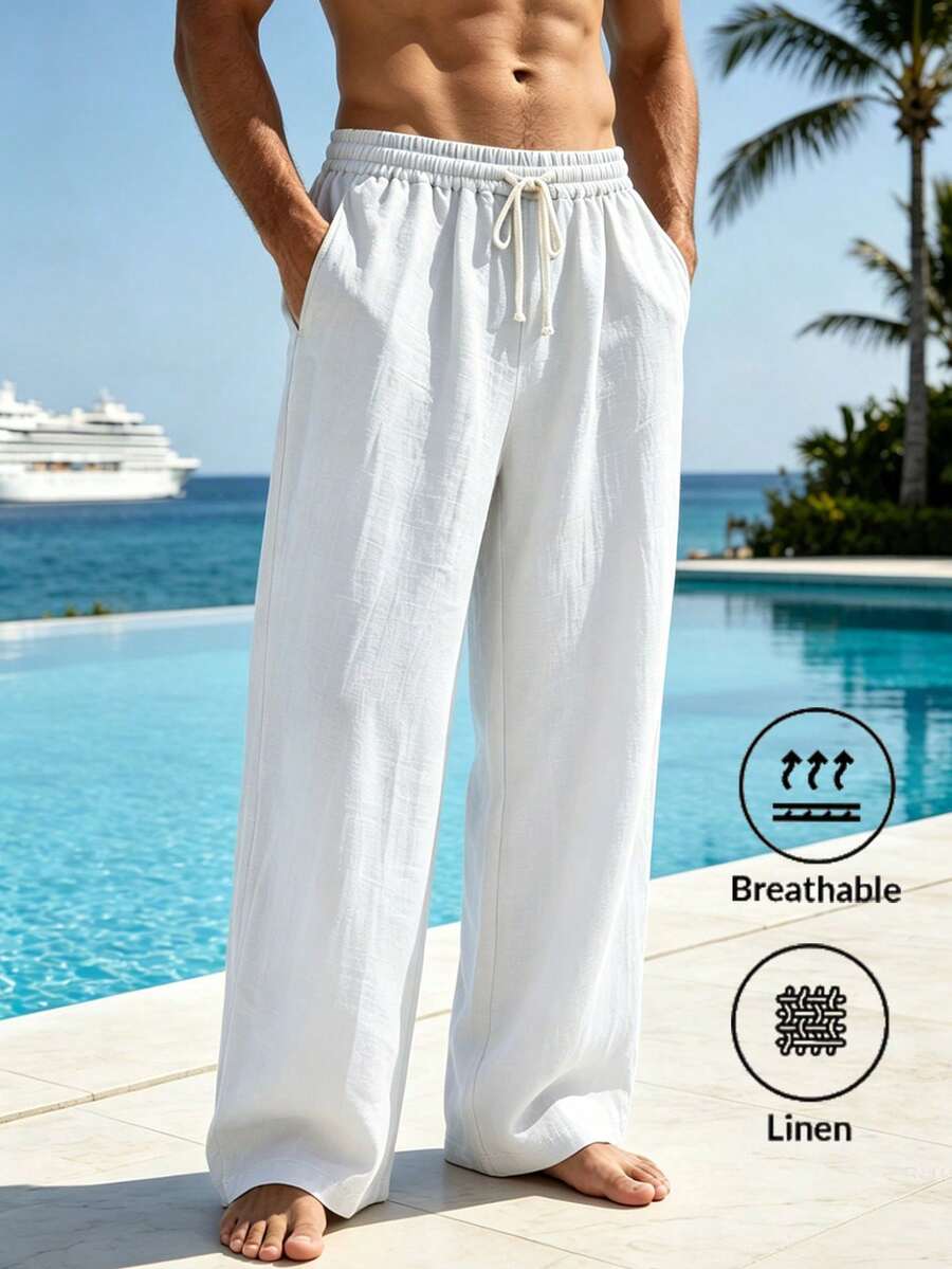 Pantalones casuales sueltos de lino negro tejido, adecuados para primavera/otoño/verano