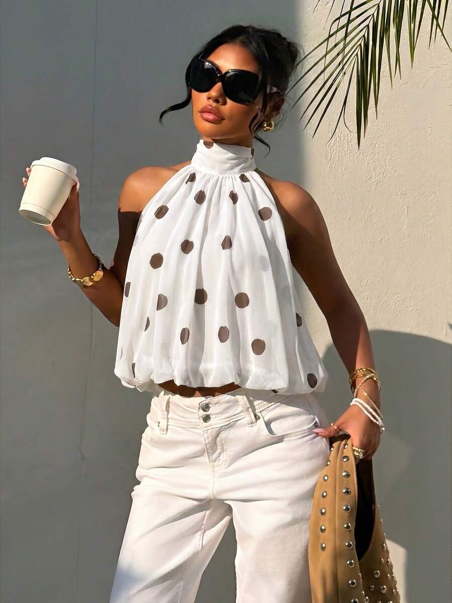 Blusa de verano casual de mujer con estampado de lunares y escote halter
