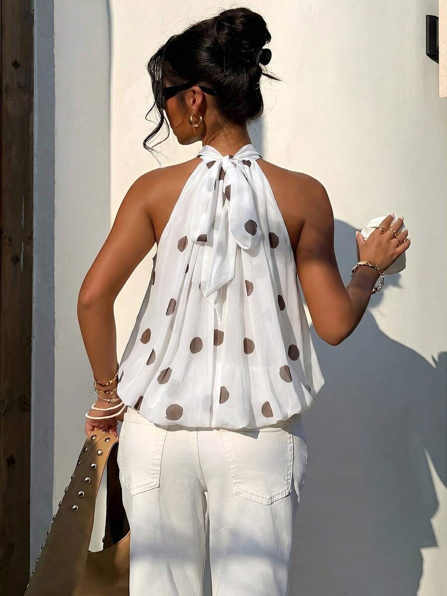 Blusa de verano casual de mujer con estampado de lunares y escote halter