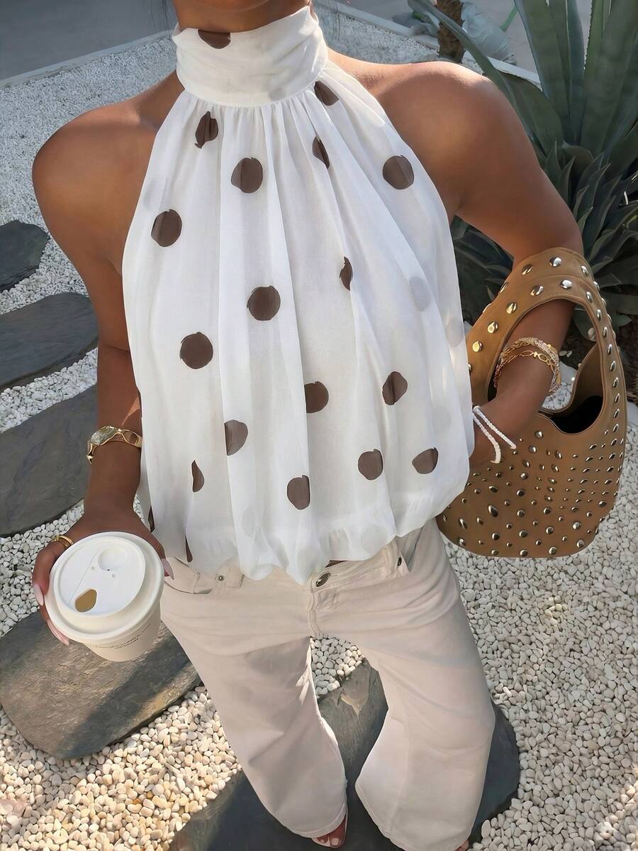 Blusa de verano casual de mujer con estampado de lunares y escote halter