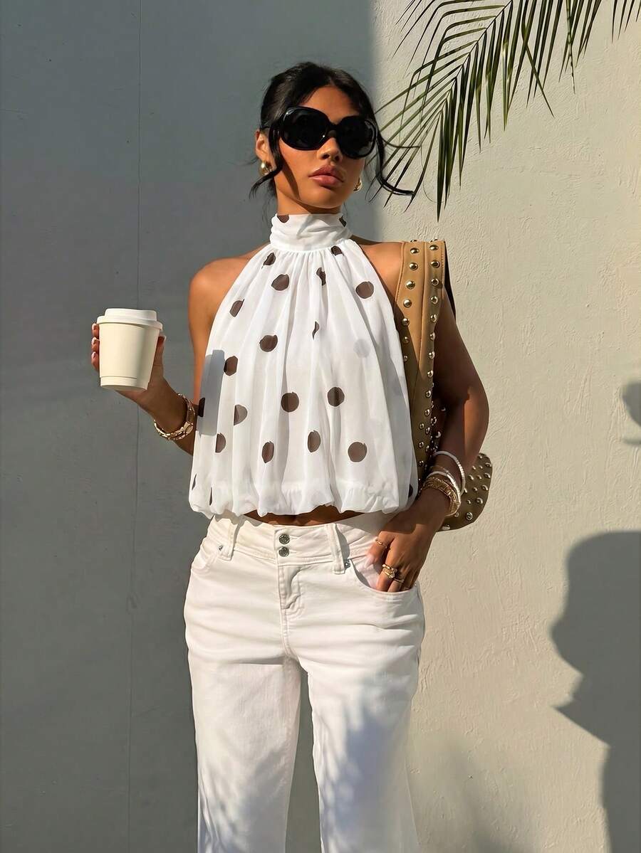 Blusa de verano casual de mujer con estampado de lunares y escote halter