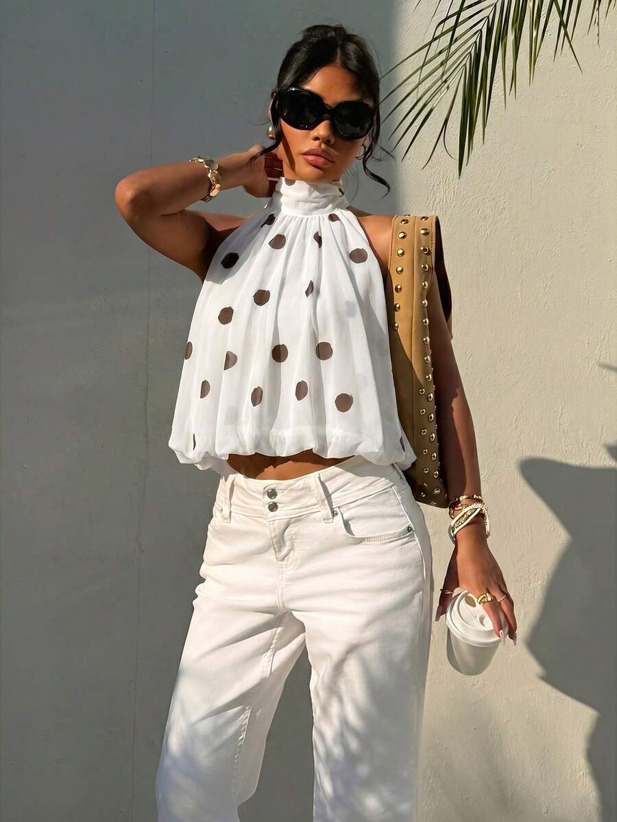 Blusa de verano casual de mujer con estampado de lunares y escote halter