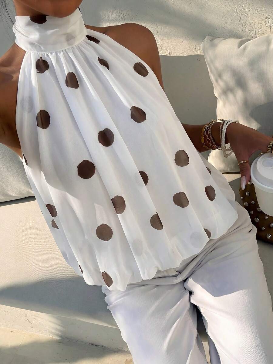 Blusa de verano casual de mujer con estampado de lunares y escote halter