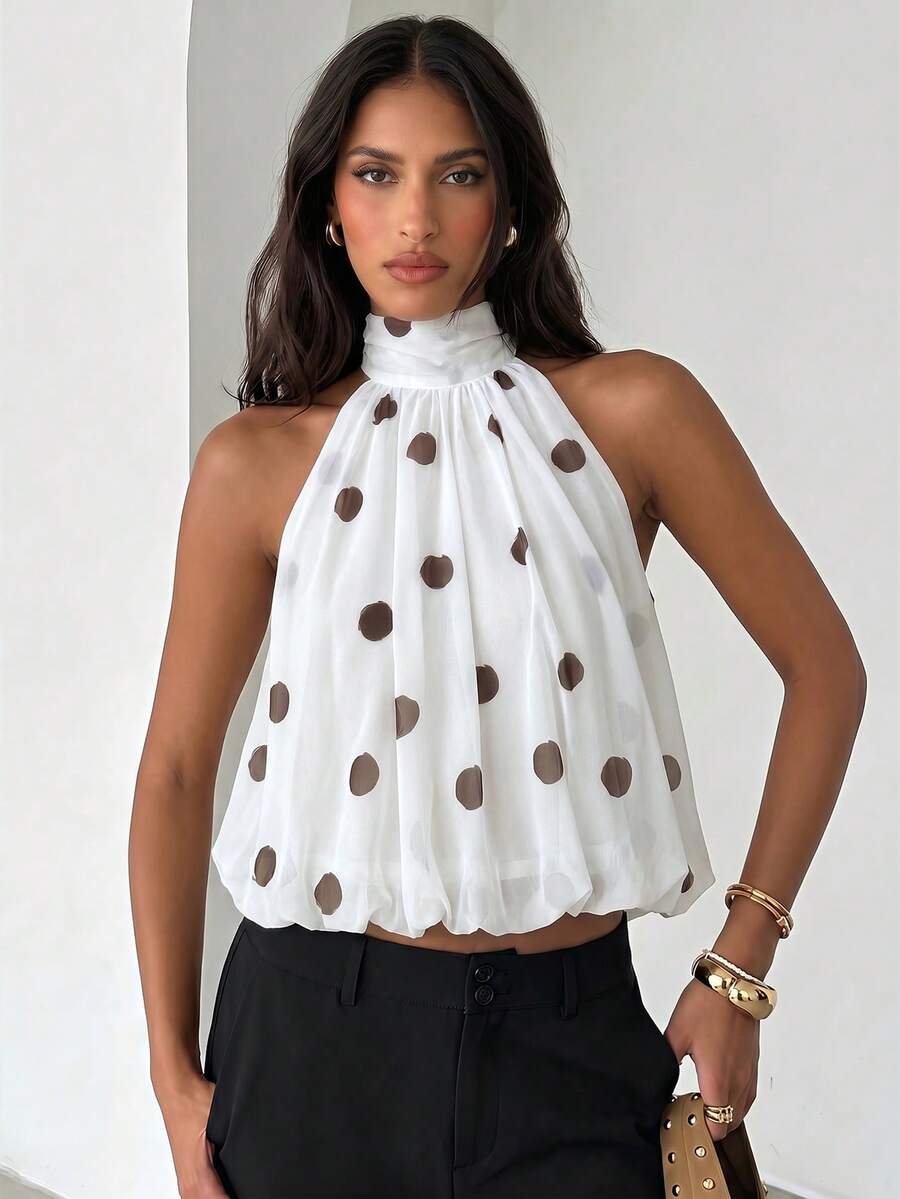 Blusa de verano casual de mujer con estampado de lunares y escote halter
