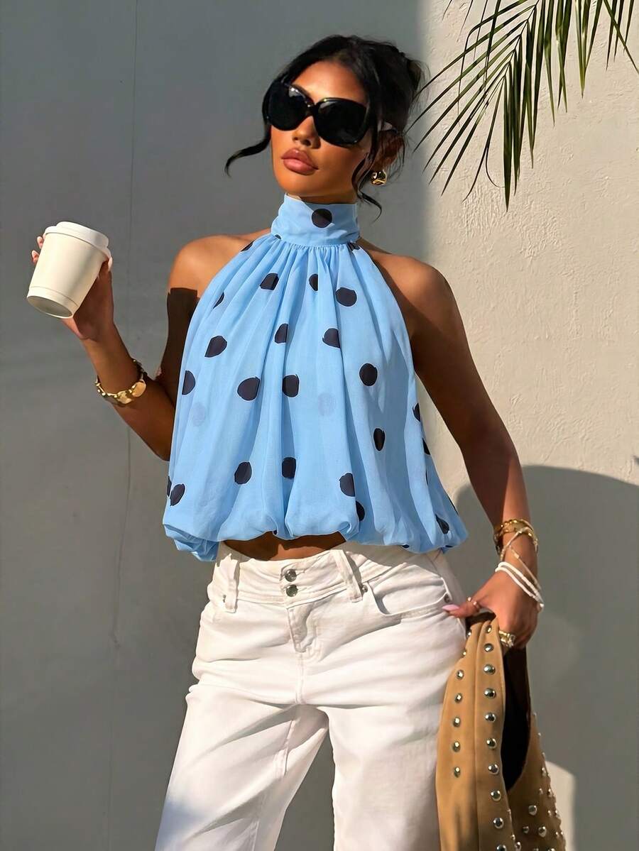 Blusa de verano casual de mujer con estampado de lunares y escote halter