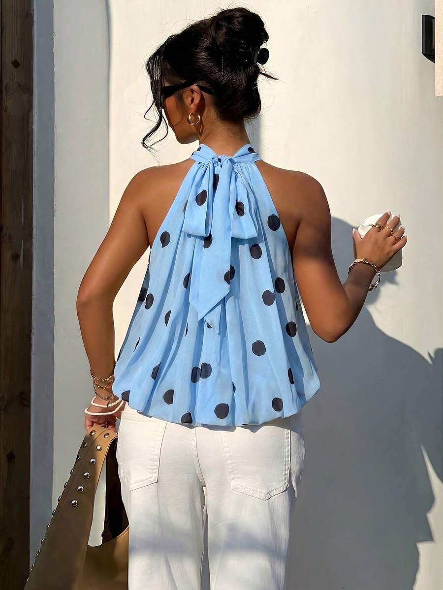 Blusa de verano casual de mujer con estampado de lunares y escote halter