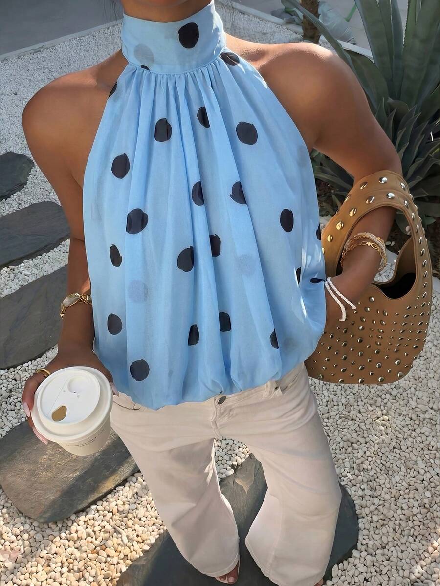 Blusa de verano casual de mujer con estampado de lunares y escote halter