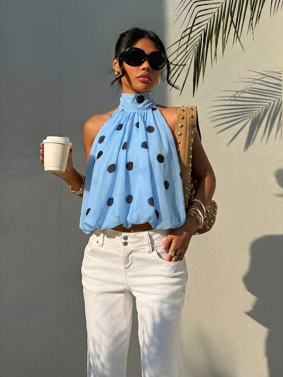 Blusa de verano casual de mujer con estampado de lunares y escote halter
