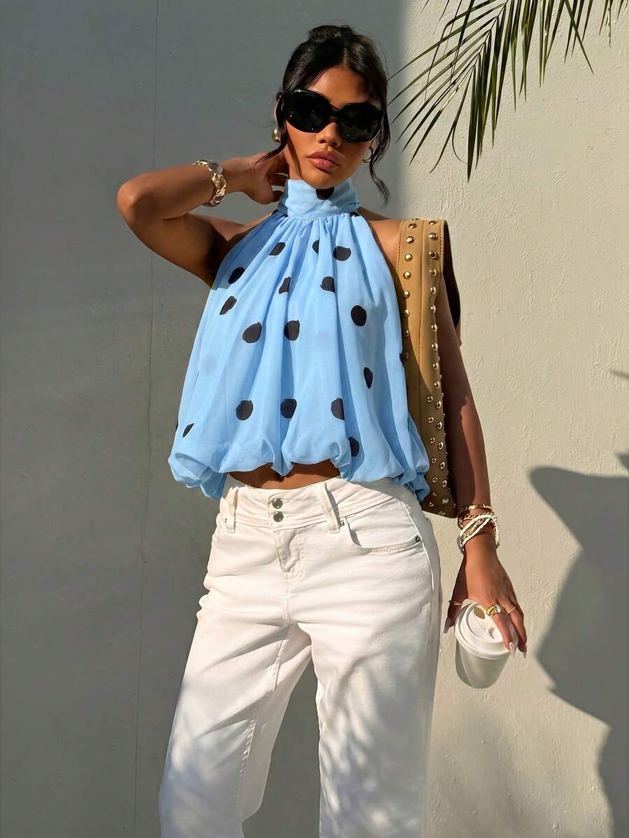 Blusa de verano casual de mujer con estampado de lunares y escote halter