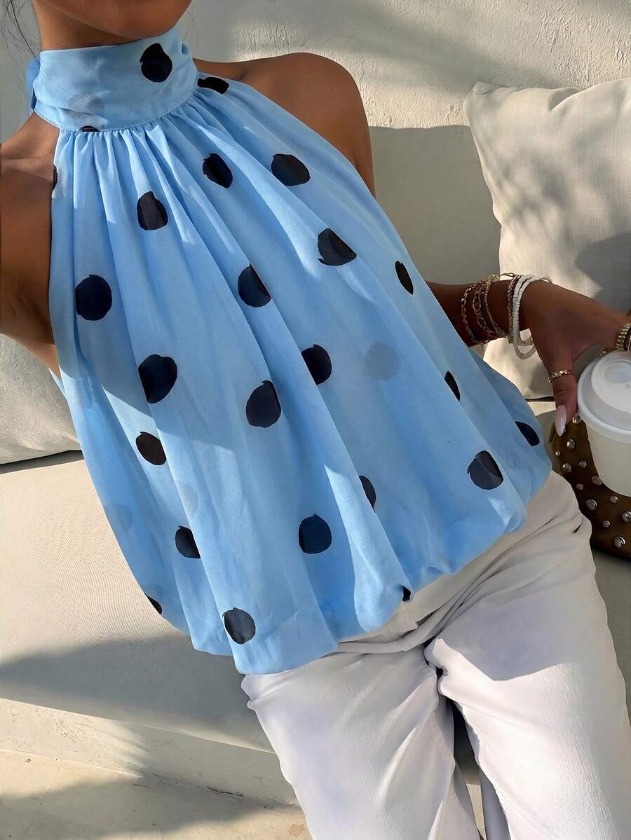 Blusa de verano casual de mujer con estampado de lunares y escote halter