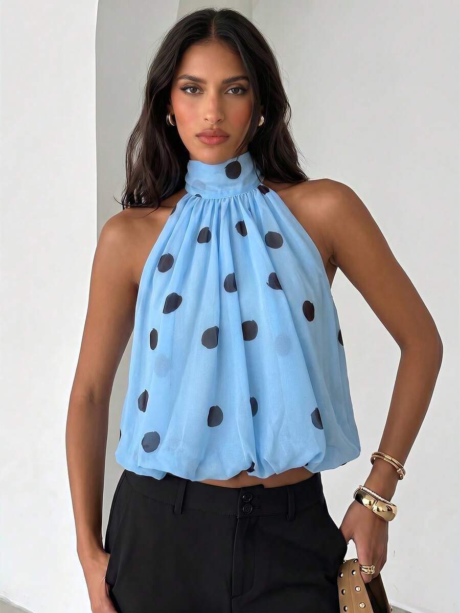 Blusa de verano casual de mujer con estampado de lunares y escote halter