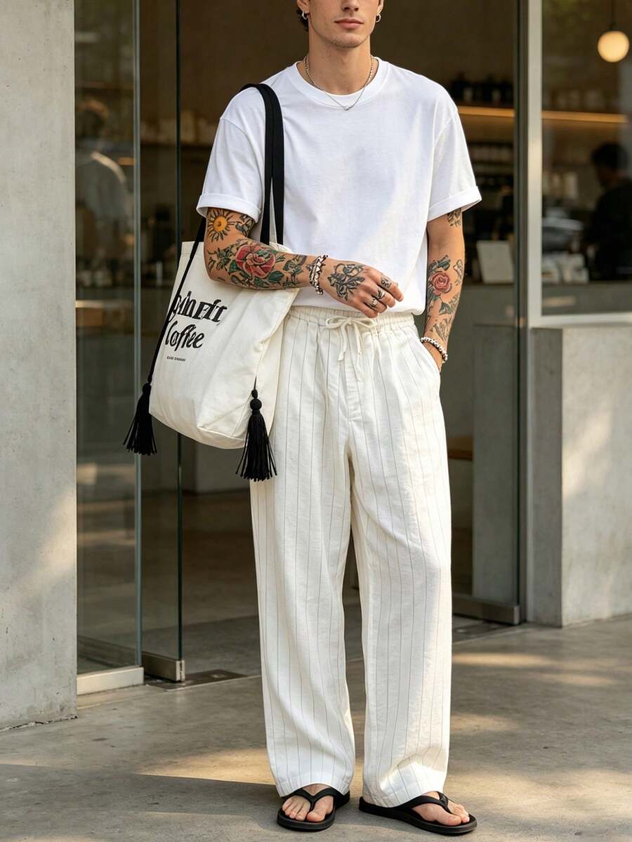 Pantalones casuales sueltos de lino negro tejido, adecuados para primavera/otoño/verano