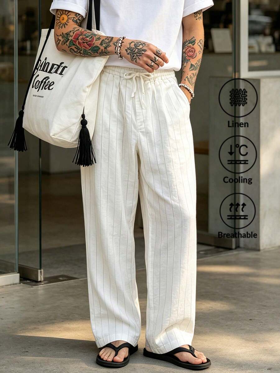Pantalones casuales sueltos de lino negro tejido, adecuados para primavera/otoño/verano