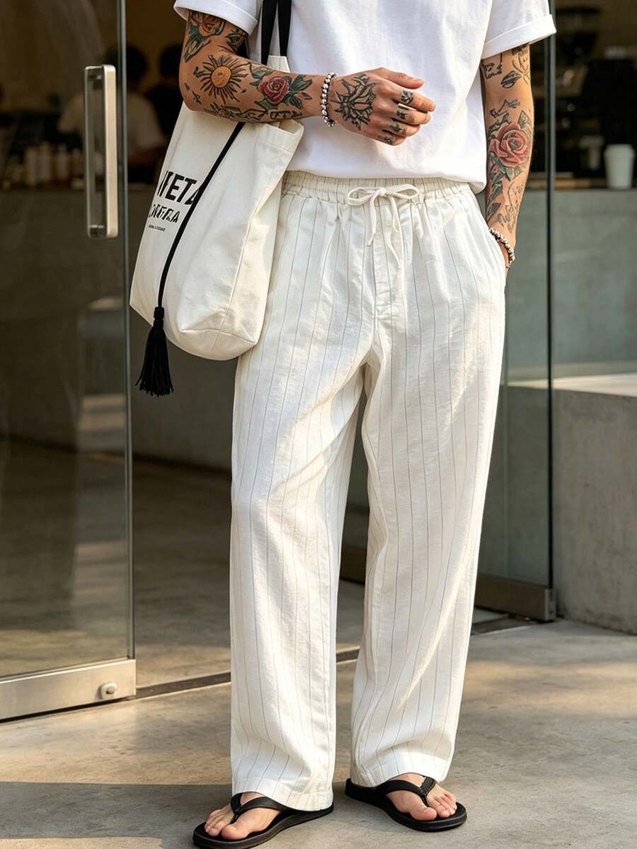 Pantalones casuales sueltos de lino negro tejido, adecuados para primavera/otoño/verano