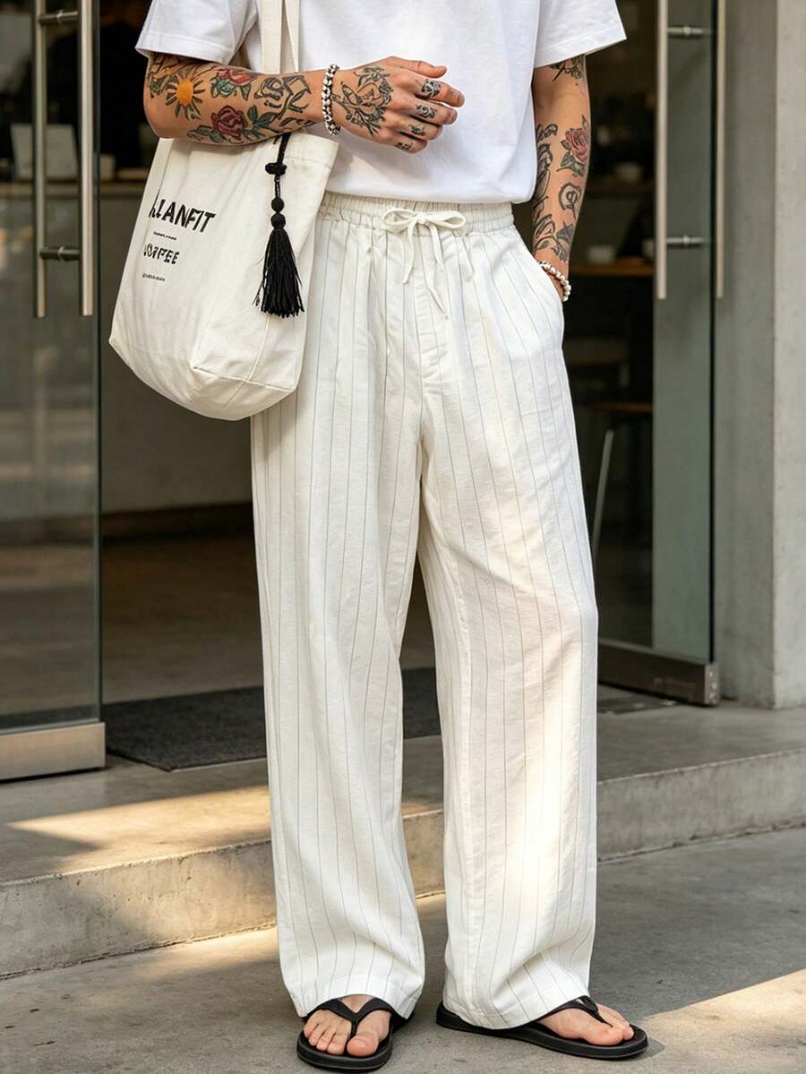 Pantalones casuales sueltos de lino negro tejido, adecuados para primavera/otoño/verano