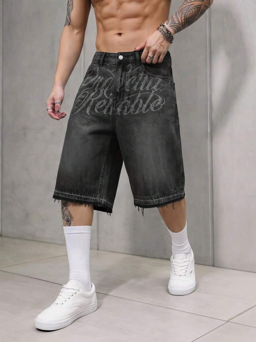 Pantalones cortos de mezclilla lavada con bordado para hombres