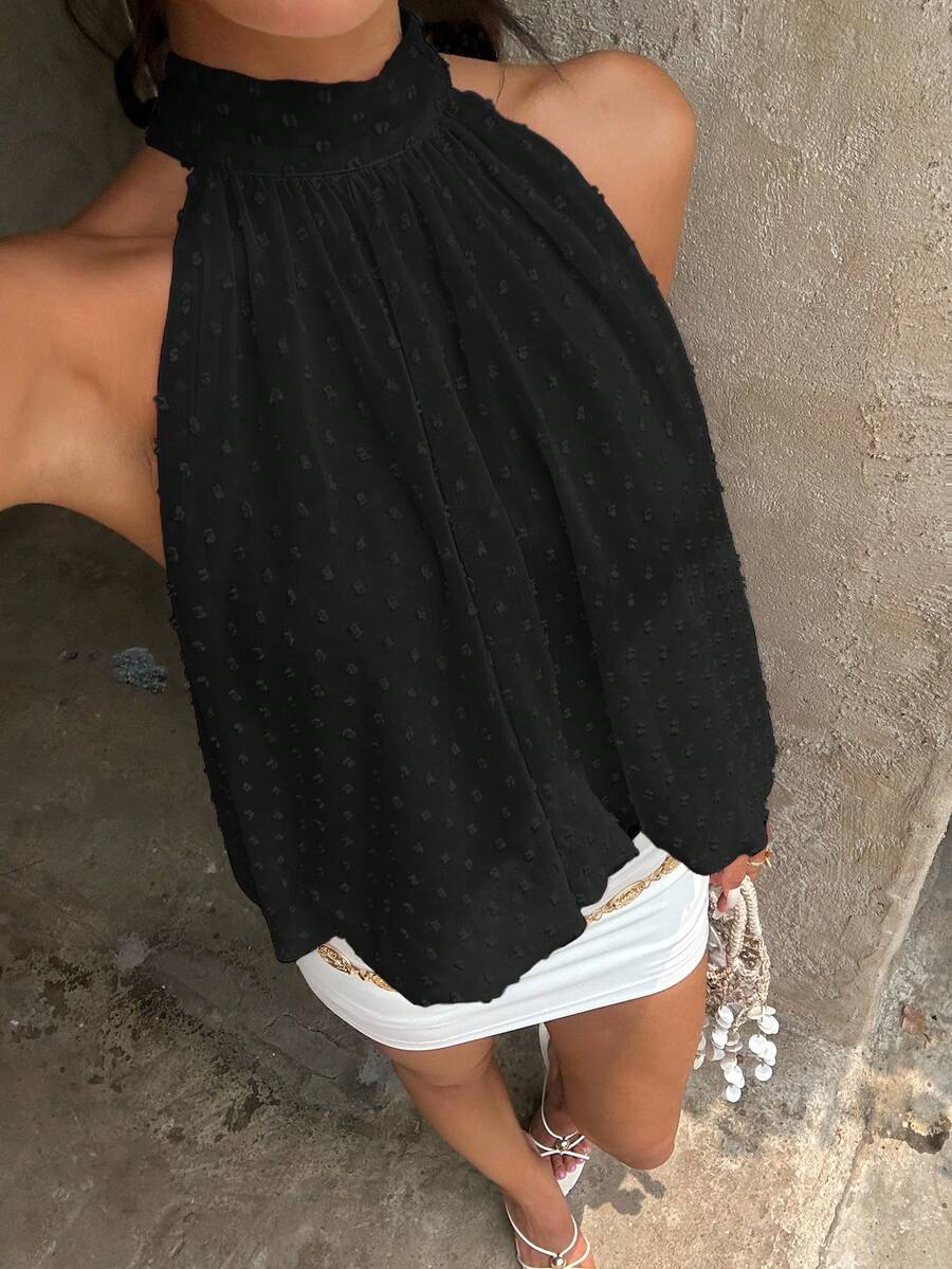 Blusa de verano casual de mujer con estampado de lunares y escote halter