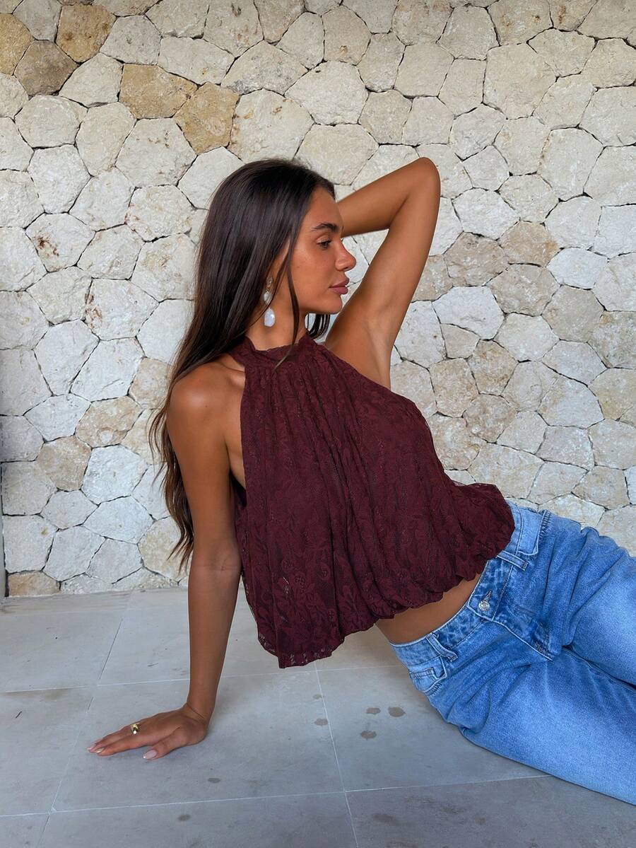 Blusa de verano casual de mujer con estampado de lunares y escote halter