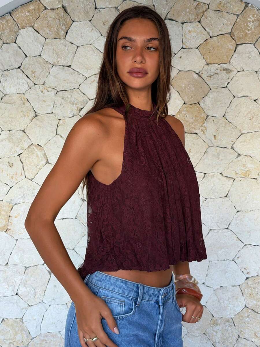 Blusa de verano casual de mujer con estampado de lunares y escote halter
