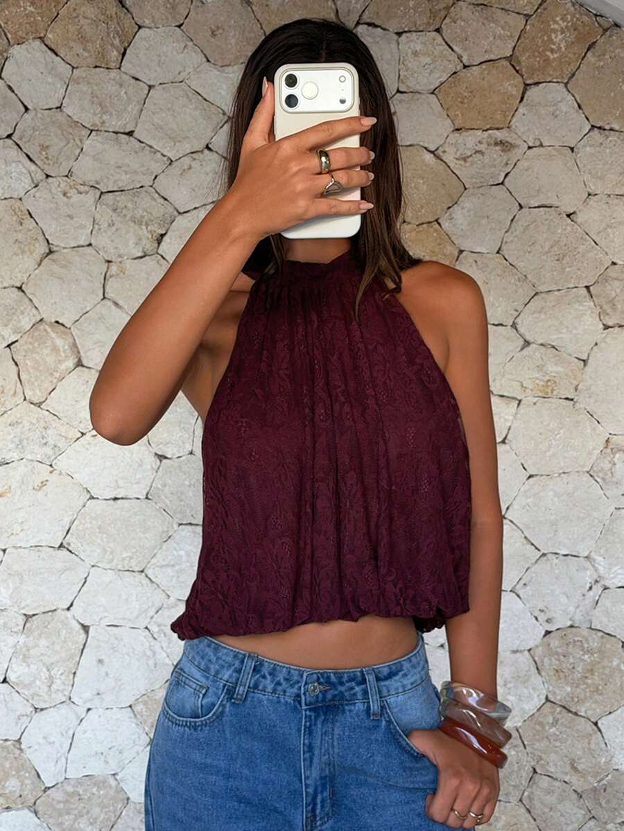 Blusa de verano casual de mujer con estampado de lunares y escote halter