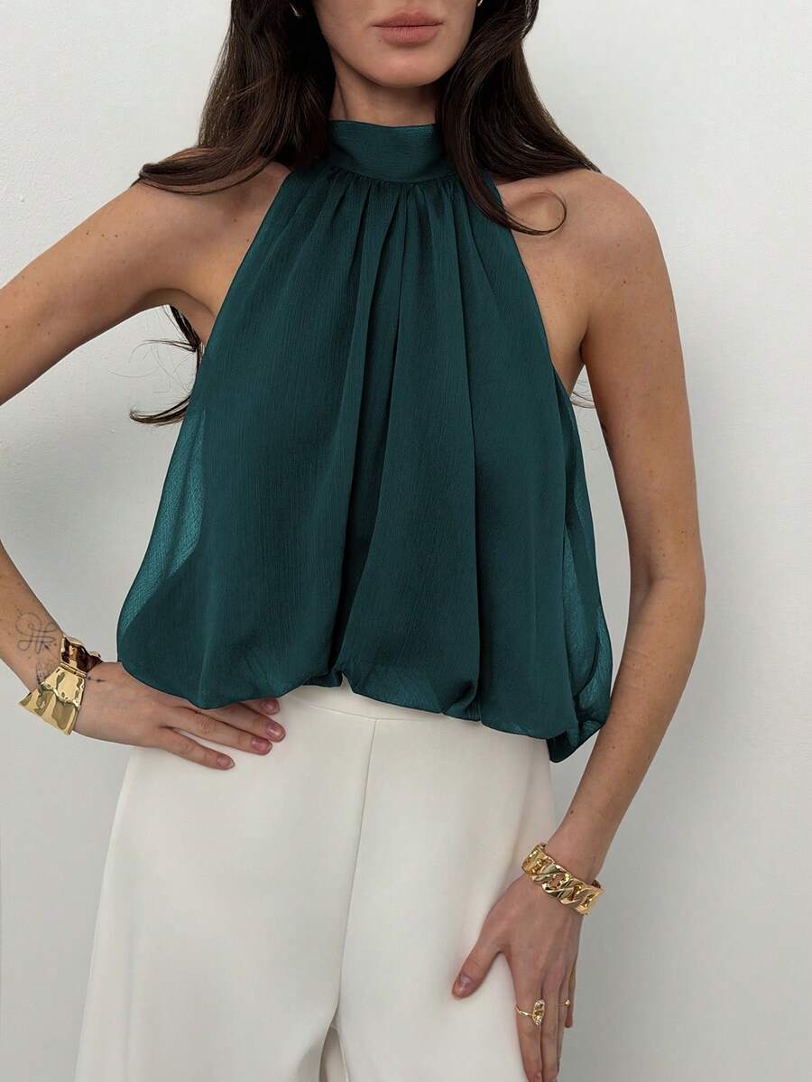 Blusa de verano casual de mujer con estampado de lunares y escote halter