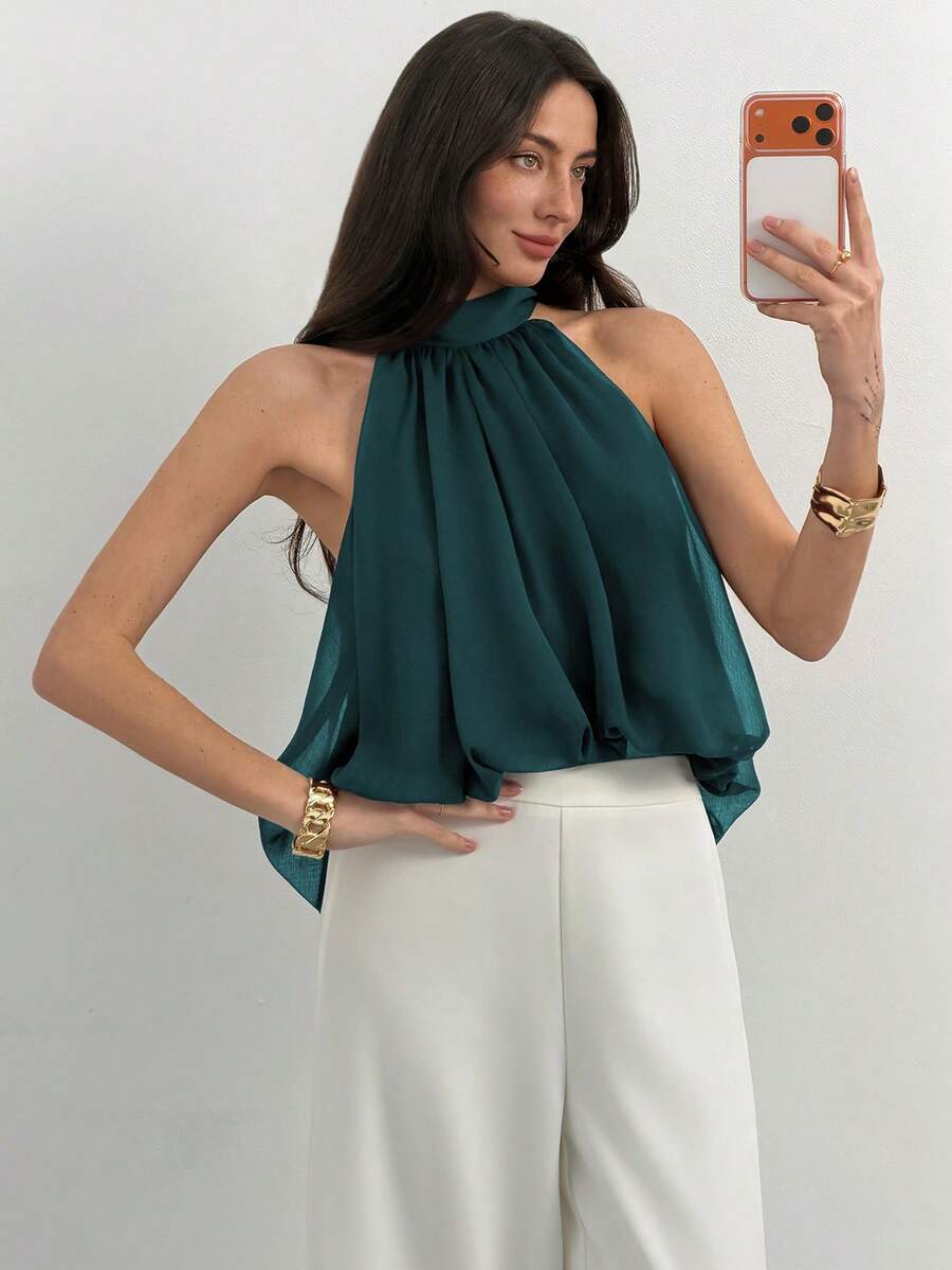 Blusa de verano casual de mujer con estampado de lunares y escote halter