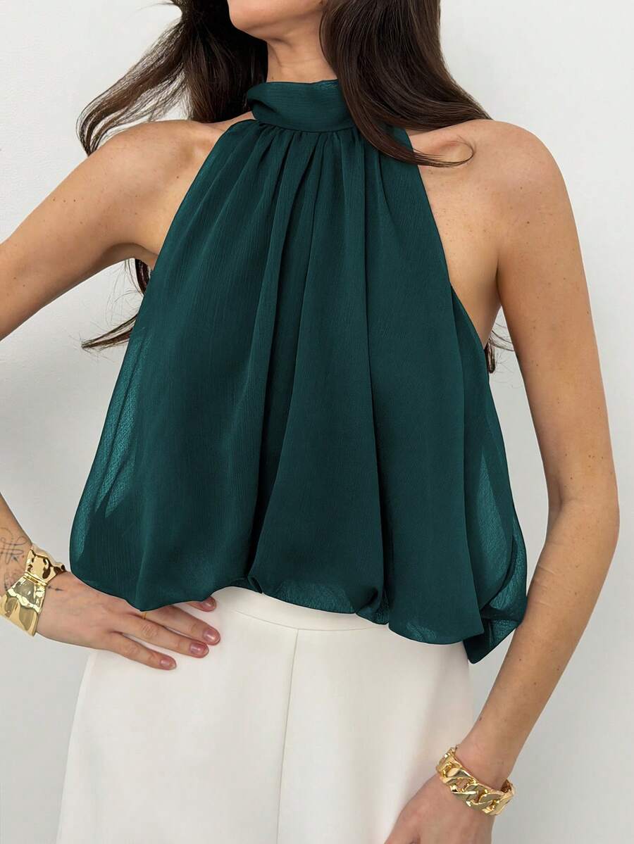 Blusa de verano casual de mujer con estampado de lunares y escote halter