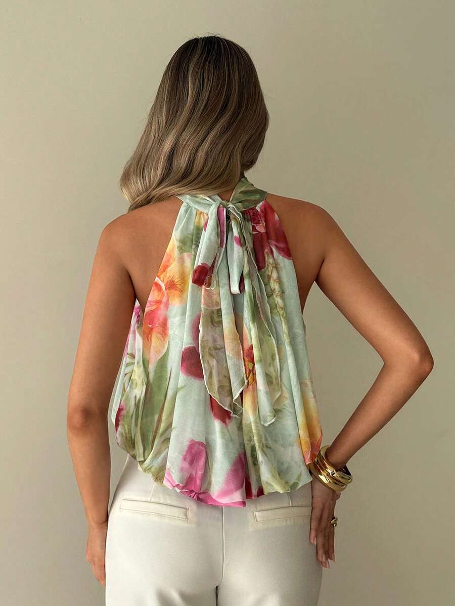 Blusa de verano casual de mujer con estampado de lunares y escote halter