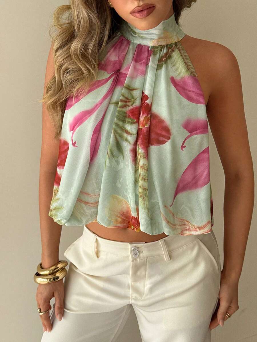 Blusa de verano casual de mujer con estampado de lunares y escote halter