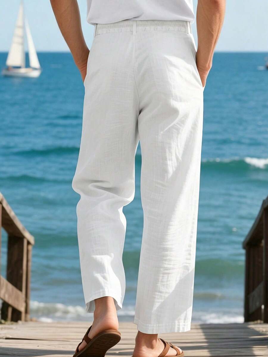 Pantalones casuales sueltos de lino negro tejido, adecuados para primavera/otoño/verano