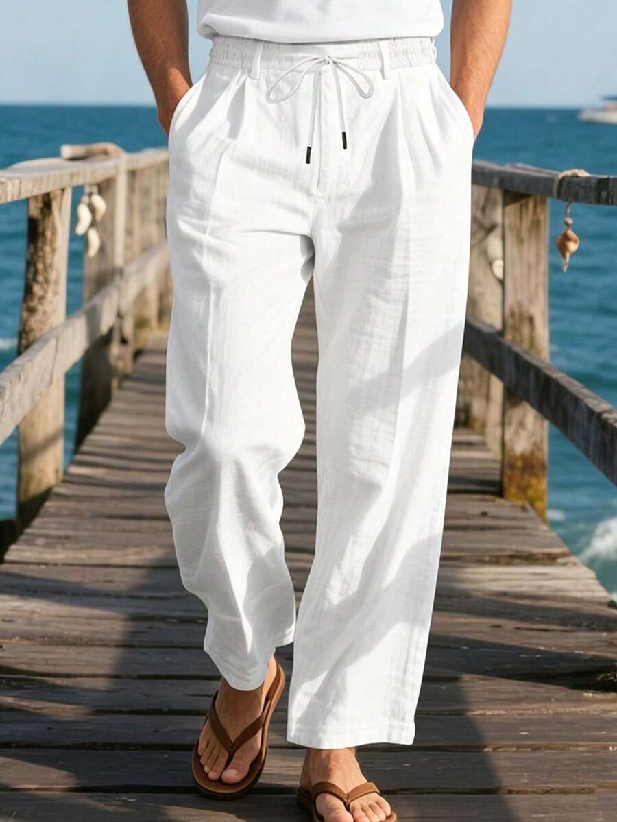Pantalones casuales sueltos de lino negro tejido, adecuados para primavera/otoño/verano
