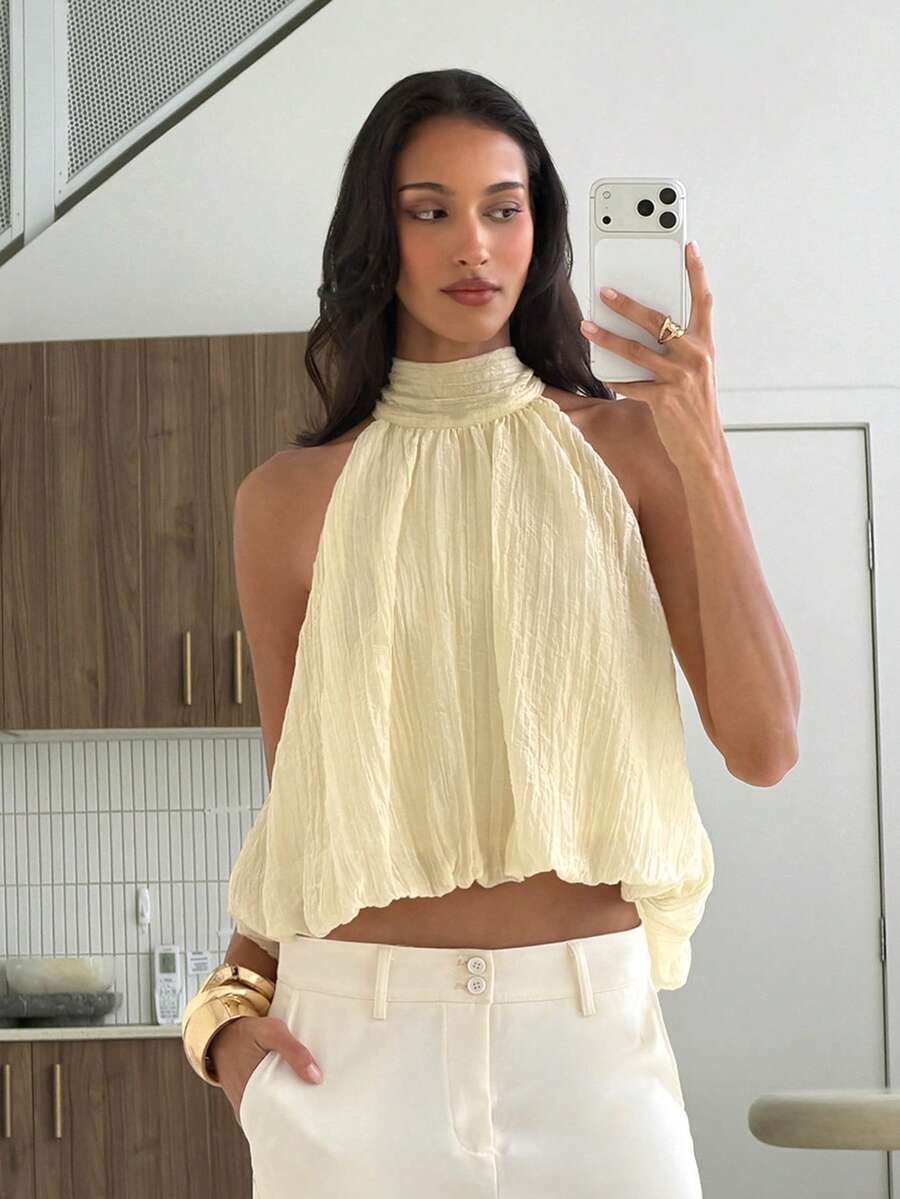 Blusa de verano casual de mujer con estampado de lunares y escote halter