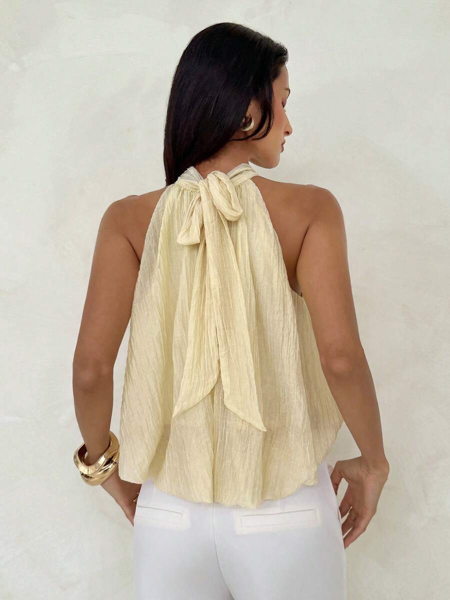 Blusa de verano casual de mujer con estampado de lunares y escote halter