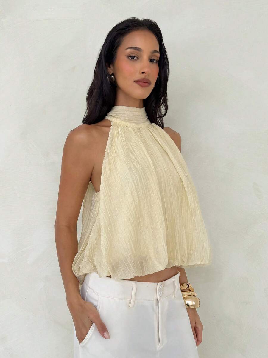 Blusa de verano casual de mujer con estampado de lunares y escote halter
