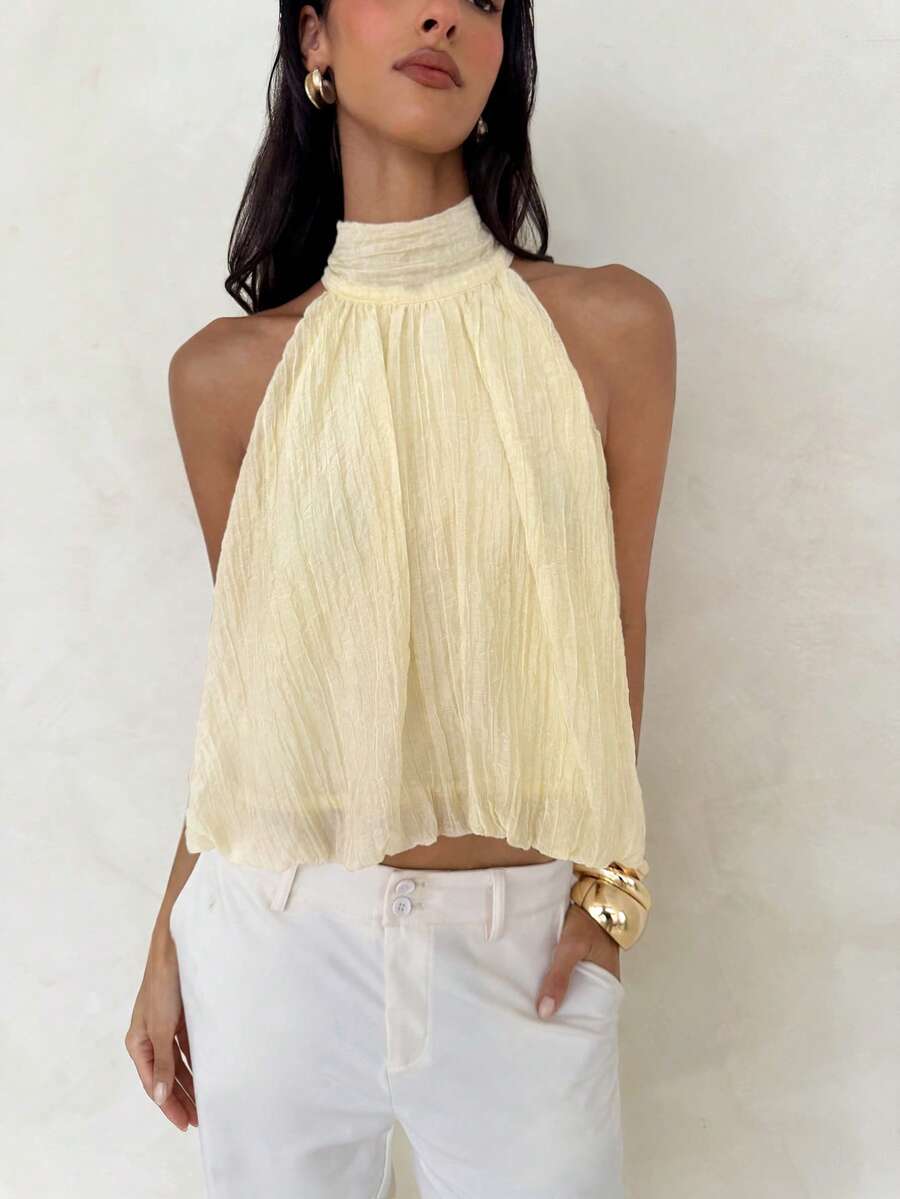 Blusa de verano casual de mujer con estampado de lunares y escote halter