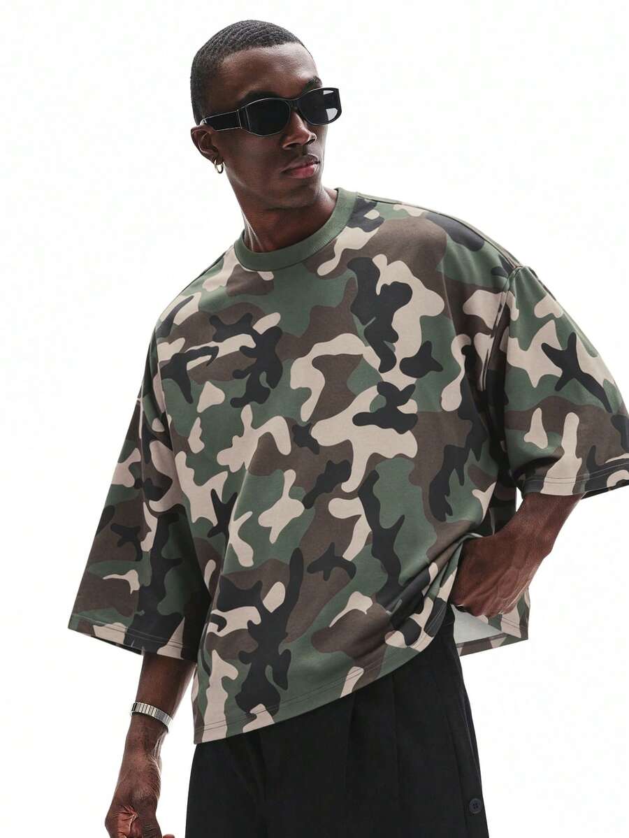 Camiseta suelta de hombro caído con estampado de letras casual para hombre