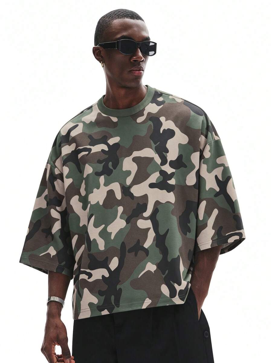 Camiseta suelta de hombro caído con estampado de letras casual para hombre