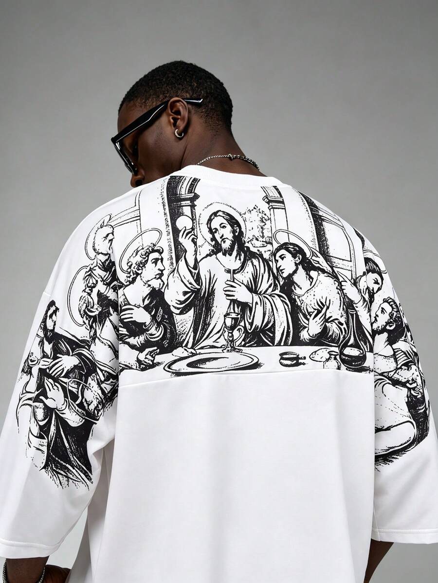 Camiseta suelta de hombro caído con estampado de letras casual para hombre