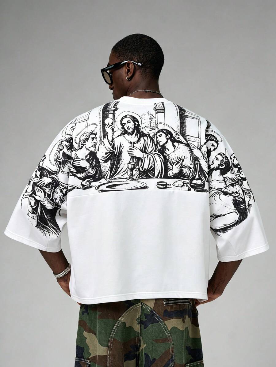 Camiseta suelta de hombro caído con estampado de letras casual para hombre