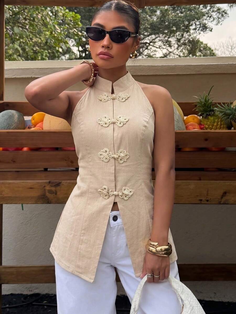 Top sin mangas con botones de estilo chino