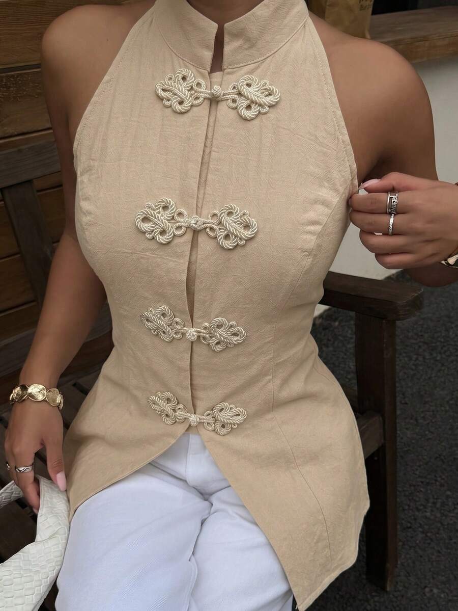 Top sin mangas con botones de estilo chino